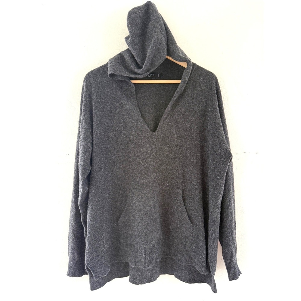 Lusso Cashmere Womens Charcoal Grey V-Neck Hoodie Sweater Size Large
